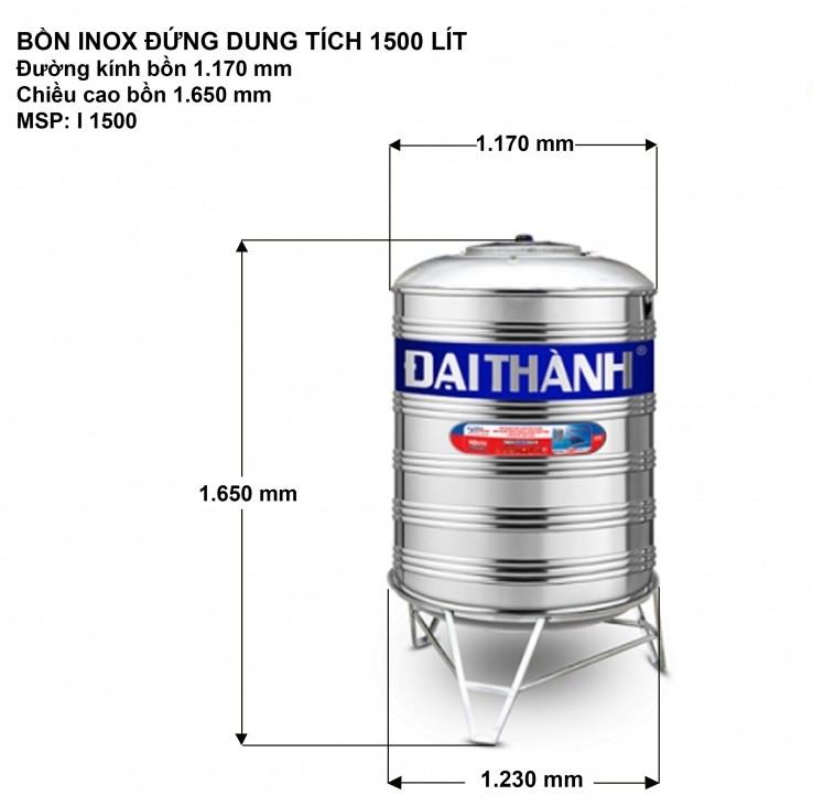 Kích thước bồn nước inox Đại Thành 1500 lít đứng SUS 304